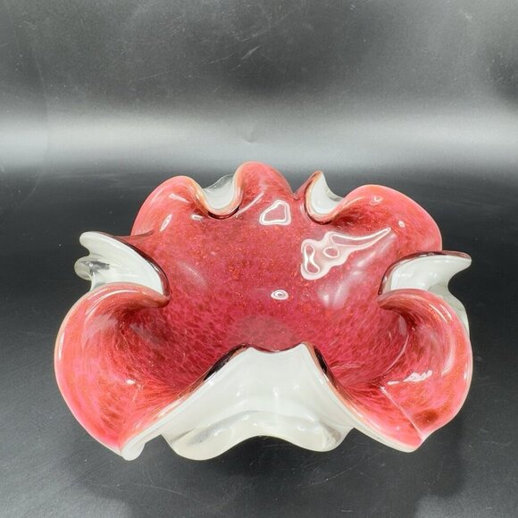 Venetian Murano Glass Folded Edges Ashtray Dish Bowl White Magenta Center Italy - Picture 16 of 16